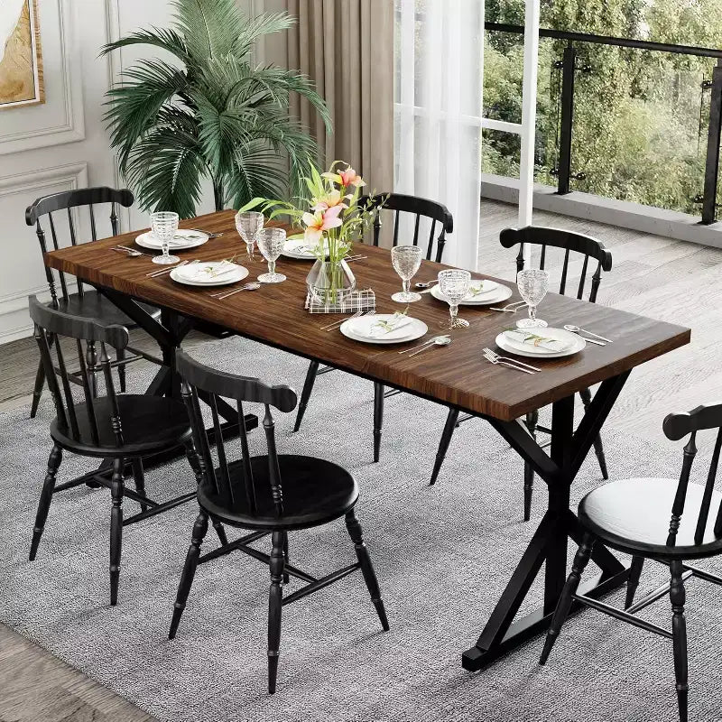 Mesa de comedor Dyonery Farmhouse para 6-8 personas, 70.8 pulgadas, rectangular, de madera, Nogal/Negro