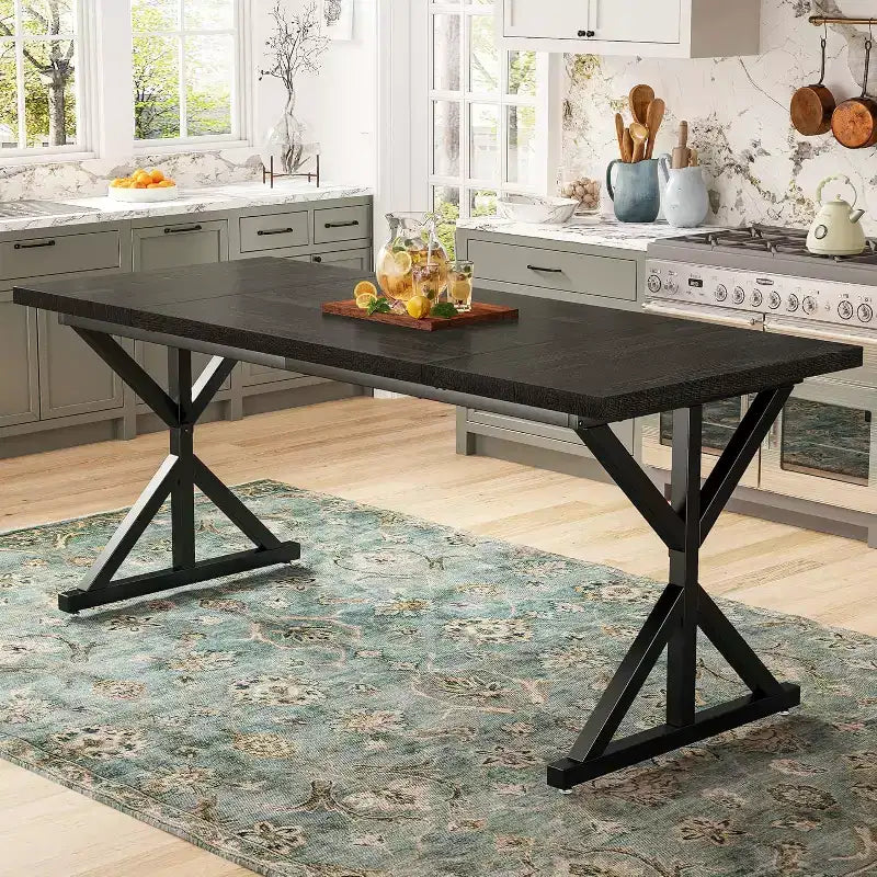 Dyonery Farmhouse Dining Table for 6-8 People 70.8 Inch Rectangular Wood Dining Table Walnut/Black