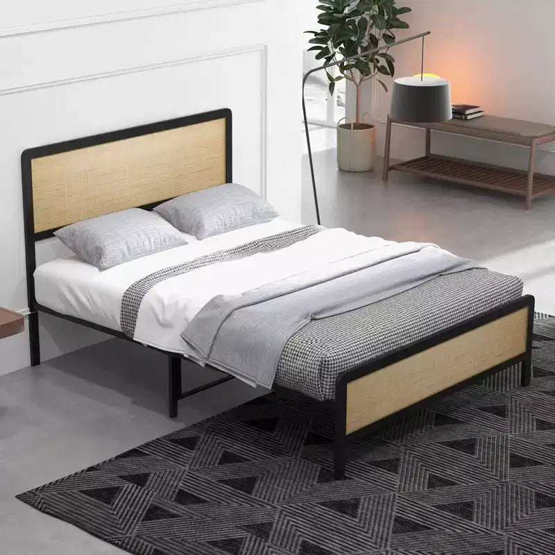 CuisinSmart Base de cama con cabecero y piecero de ratán, base de cama bohemia con soportes de listones de metal de alta resistencia, no necesita somier