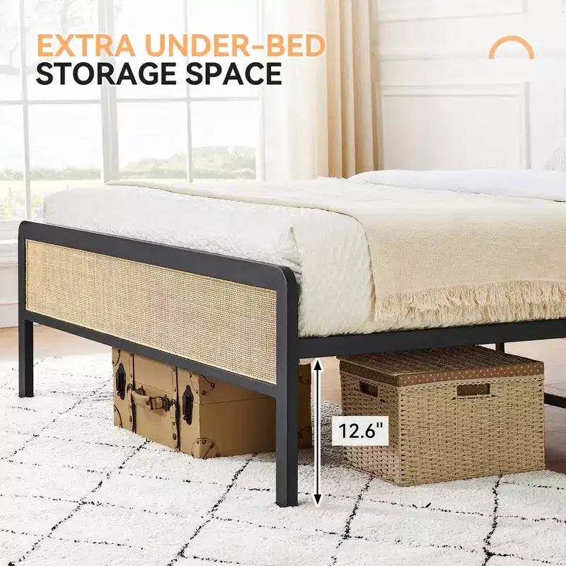 CuisinSmart Base de cama con cabecero y piecero de ratán, base de cama bohemia con soportes de listones de metal de alta resistencia, no necesita somier