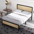 CuisinSmart Base de cama con cabecero y piecero de ratán, base de cama bohemia con soportes de listones de metal de alta resistencia, no necesita somier