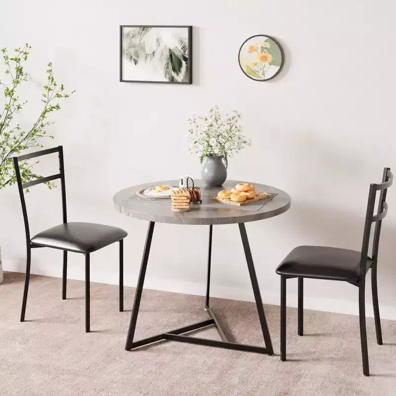 Juego de comedor redondo de 3 piezas para 2 personas, juego de mesa de cocina con 2 sillas tapizadas, estructura de metal y tablero con vetas de madera, muebles de comedor para cocina