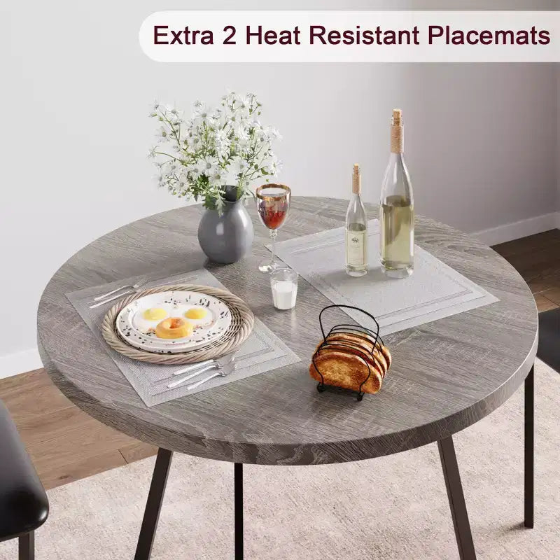 Juego de comedor redondo de 3 piezas para 2 personas, juego de mesa de cocina con 2 sillas tapizadas, estructura de metal y tablero con vetas de madera, muebles de comedor para cocina