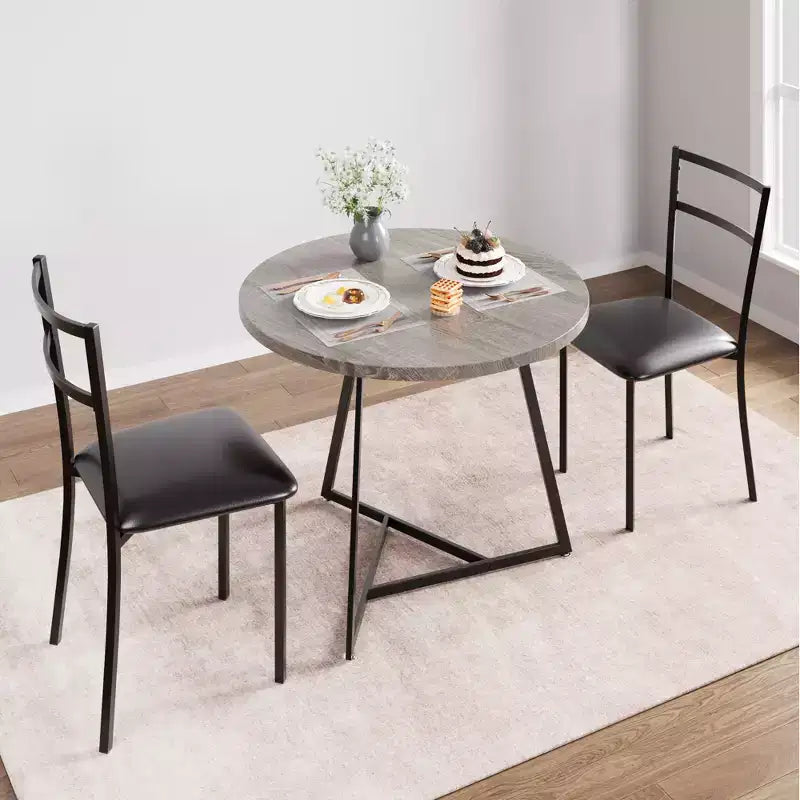 Juego de comedor redondo de 3 piezas para 2 personas, juego de mesa de cocina con 2 sillas tapizadas, estructura de metal y tablero con vetas de madera, muebles de comedor para cocina