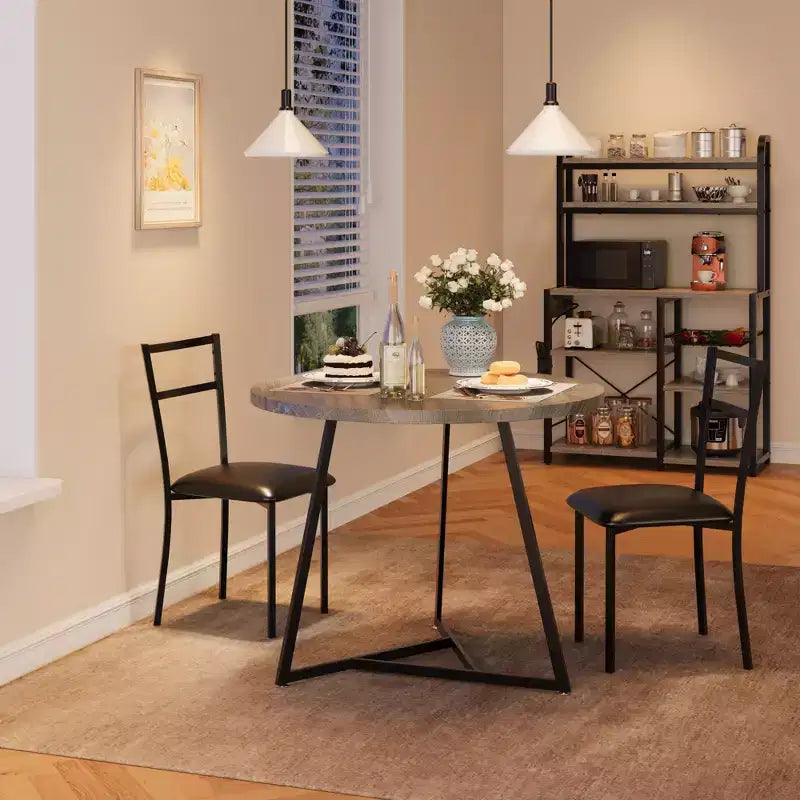 Juego de comedor redondo de 3 piezas para 2 personas, juego de mesa de cocina con 2 sillas tapizadas, estructura de metal y tablero con vetas de madera, muebles de comedor para cocina