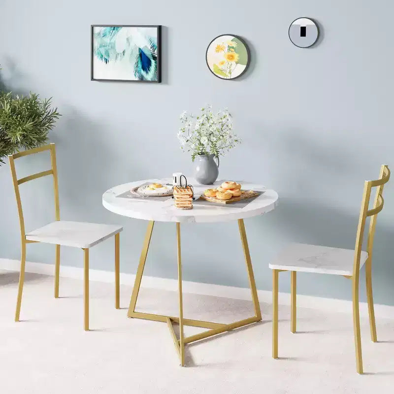 Juego de comedor redondo de 3 piezas para 2 personas, juego de mesa de cocina con 2 sillas tapizadas, estructura de metal y tablero con vetas de madera, muebles de comedor para cocina