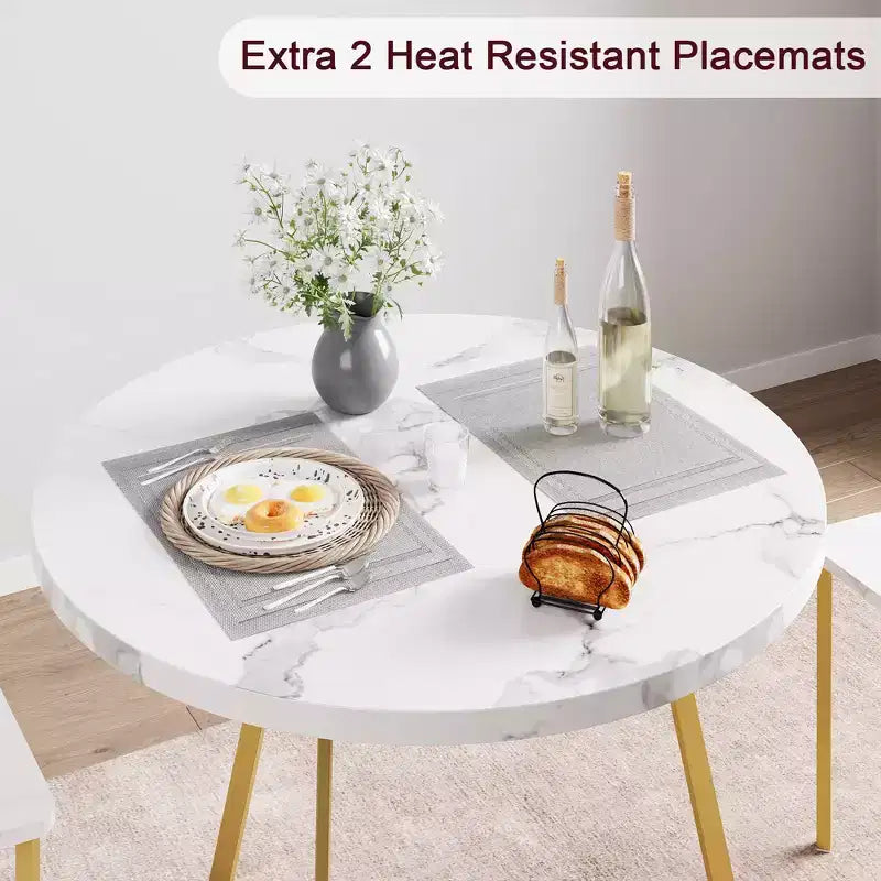 Juego de comedor redondo de 3 piezas para 2 personas, juego de mesa de cocina con 2 sillas tapizadas, estructura de metal y tablero con vetas de madera, muebles de comedor para cocina