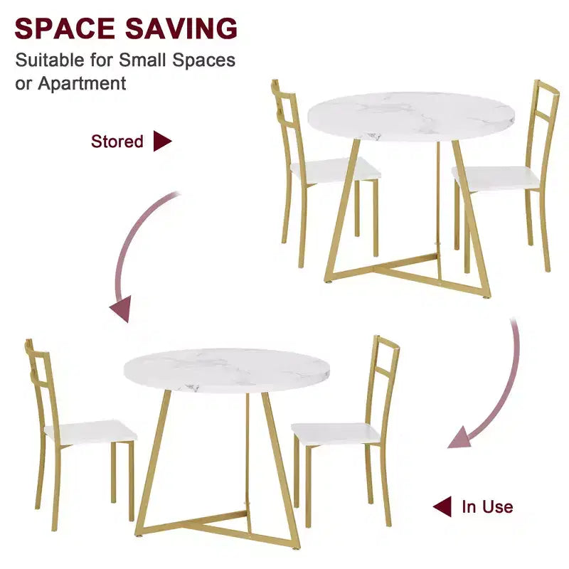 Juego de comedor redondo de 3 piezas para 2 personas, juego de mesa de cocina con 2 sillas tapizadas, estructura de metal y tablero con vetas de madera, muebles de comedor para cocina