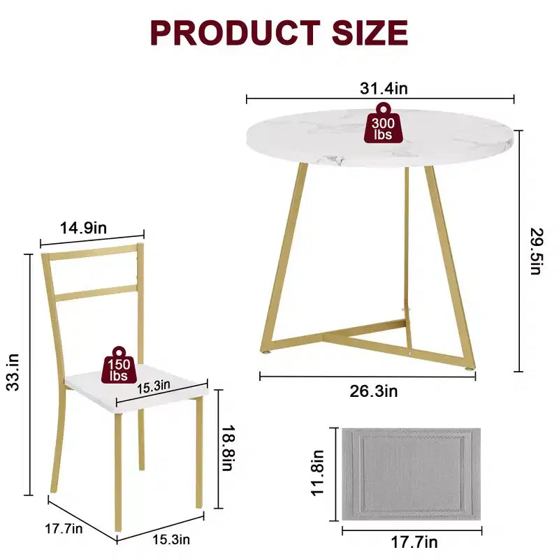 Juego de comedor redondo de 3 piezas para 2 personas, juego de mesa de cocina con 2 sillas tapizadas, estructura de metal y tablero con vetas de madera, muebles de comedor para cocina