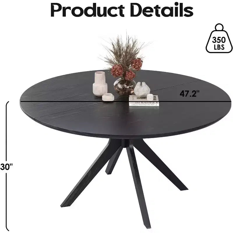 PexFix 47.2 Mesa de comedor redonda de madera maciza para 4-6 personas, mesas de comedor modernas de estilo rústico para cocina, comedor, restaurante, negro