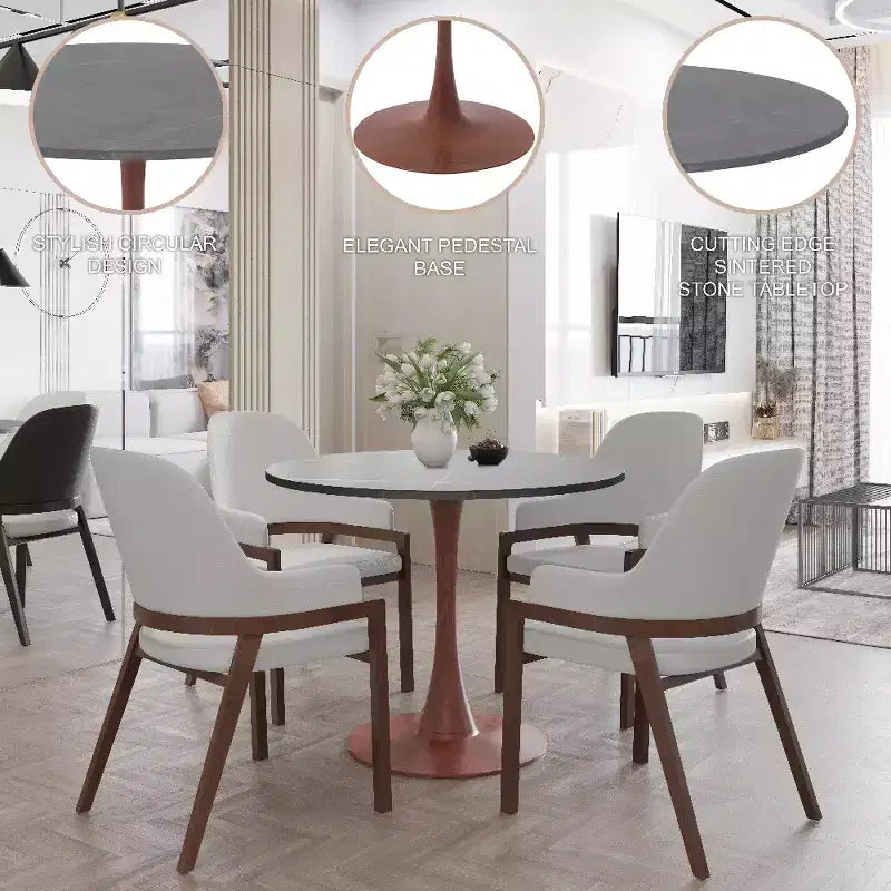 Mesa de comedor redonda LeisureMod Bristol de 27 pulgadas con cubierta de piedra sinterizada y base de pedestal de acero color cerezo para cocina y comedor modernos