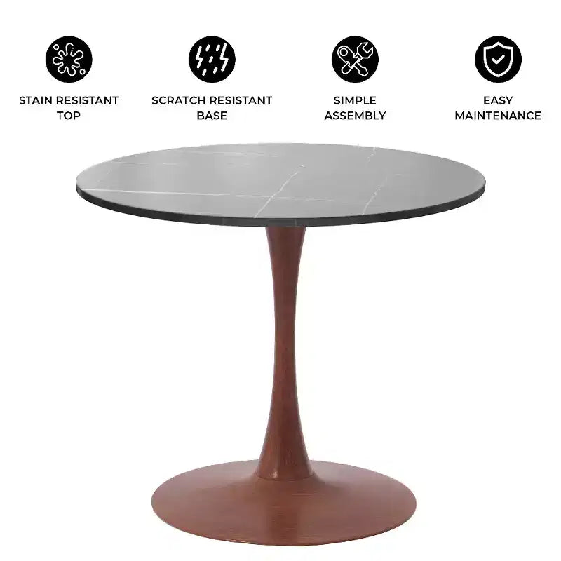 Mesa de comedor redonda LeisureMod Bristol de 27 pulgadas con cubierta de piedra sinterizada y base de pedestal de acero color cerezo para cocina y comedor modernos