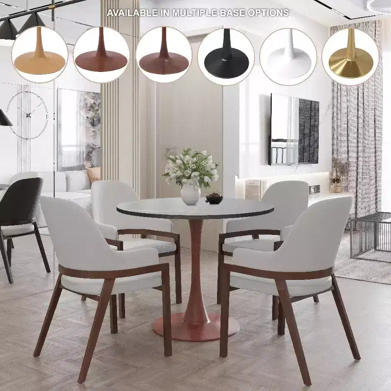 Mesa de comedor redonda LeisureMod Bristol de 27 pulgadas con cubierta de piedra sinterizada y base de pedestal de acero color cerezo para cocina y comedor modernos
