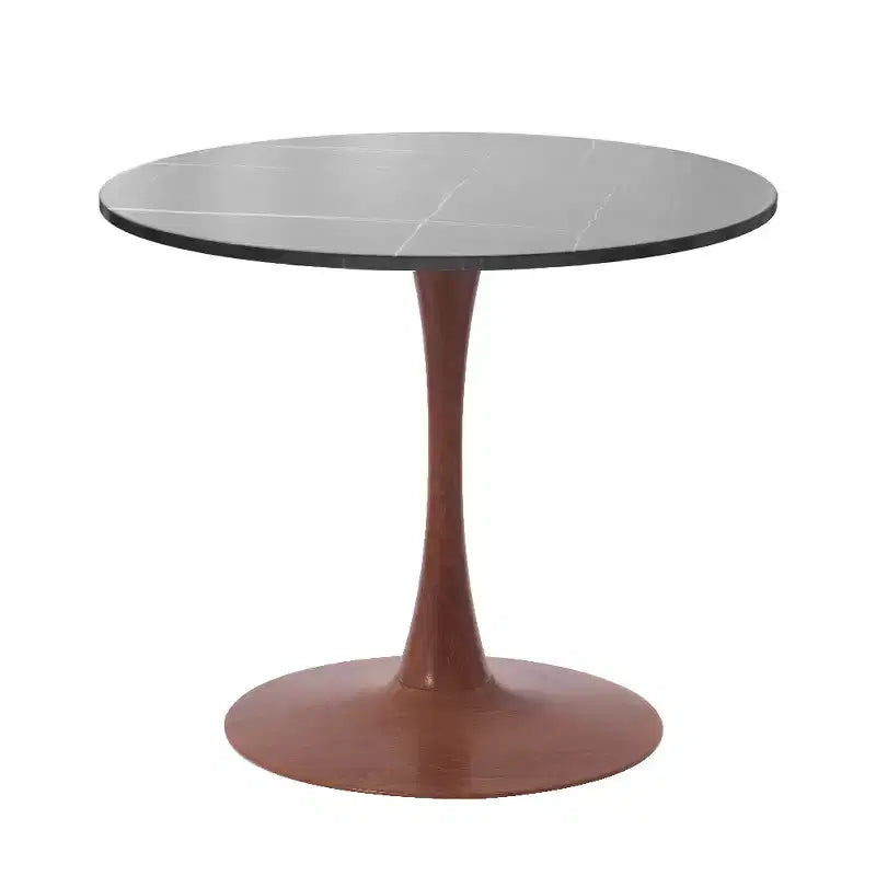 Mesa de comedor redonda LeisureMod Bristol de 27 pulgadas con cubierta de piedra sinterizada y base de pedestal de acero color cerezo para cocina y comedor modernos