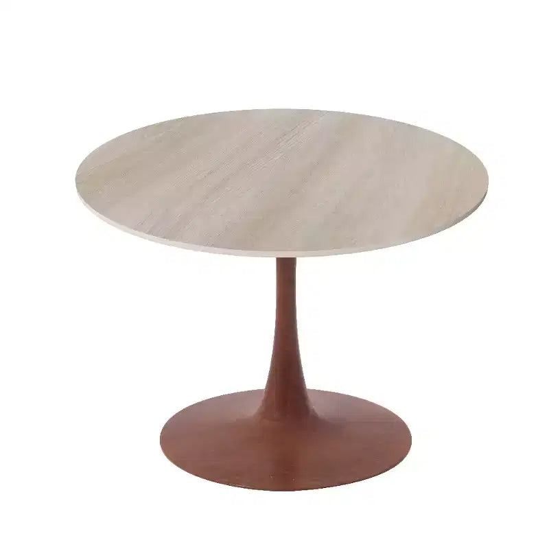 Mesa de comedor redonda LeisureMod Bristol de 27 pulgadas con cubierta de piedra sinterizada y base de pedestal de acero color cerezo para cocina y comedor modernos