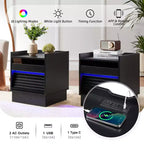 Mesita de Noche Moderna Whisen con 2 Cajones, Luces LED y Puertos de Carga, Gran Almacenamiento