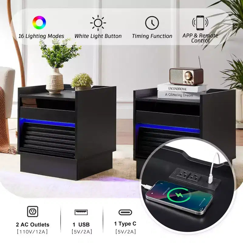 Mesita de Noche Moderna Whisen con 2 Cajones, Luces LED y Puertos de Carga, Gran Almacenamiento