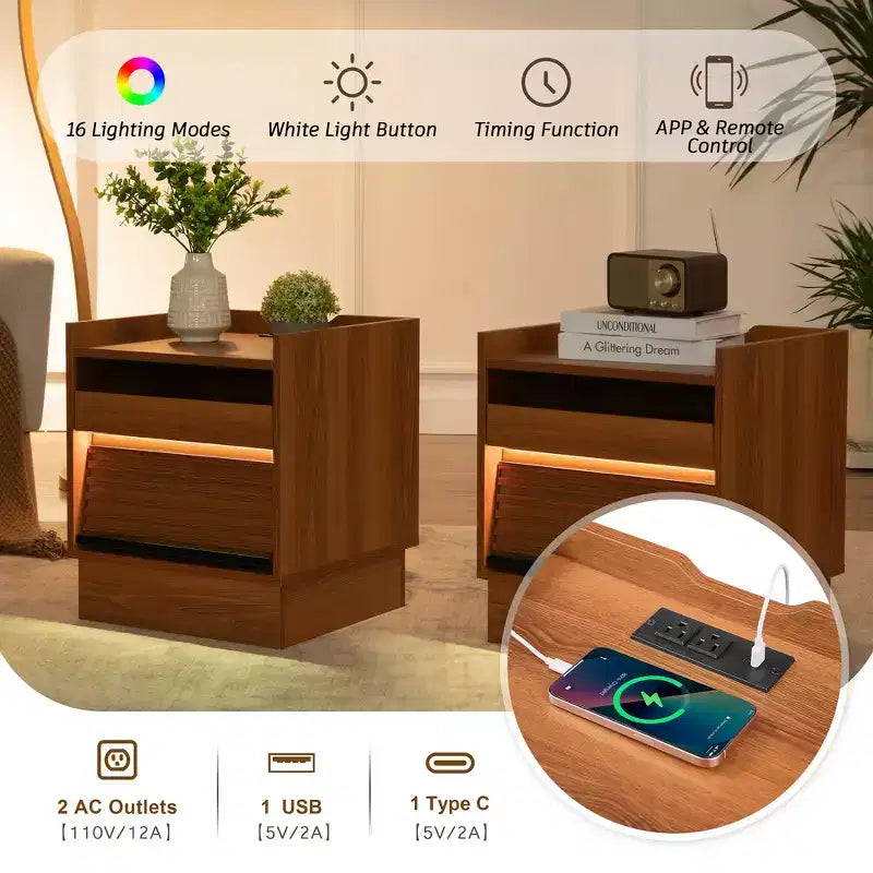 Mesita de Noche Moderna Whisen con 2 Cajones, Luces LED y Puertos de Carga, Gran Almacenamiento