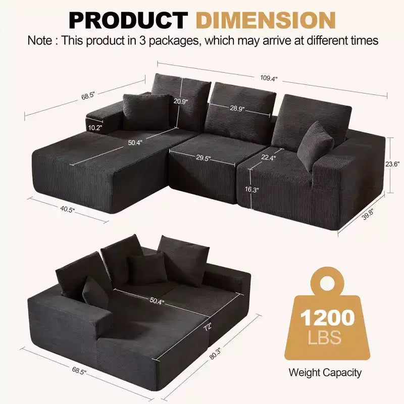 Sofá modular Whisen con chaise longue, sofá tipo nube en forma de L, no requiere montaje