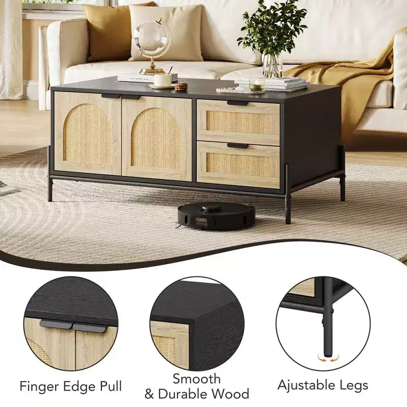CuisinSmart Farmhouse Rattan Coffee Table, Modern Center Table 2 Drawers Storage Cabinet and Open Shelf, Rectangle End Table for Living Room