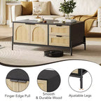CuisinSmart Farmhouse Rattan Coffee Table, Modern Center Table 2 Drawers Storage Cabinet and Open Shelf, Rectangle End Table for Living Room