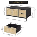CuisinSmart Mesa de centro de ratán estilo casa de campo, mesa central moderna con 2 cajones de almacenamiento y estante abierto, mesa auxiliar rectangular para sala de estar