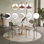 Mesa de comedor redonda LeisureMod Bristol 40 con tablero de piedra sinterizada y base de pedestal de acero y madera natural para cocina y comedor modernos