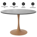 Mesa de comedor redonda LeisureMod Bristol 40 con tablero de piedra sinterizada y base de pedestal de acero y madera natural para cocina y comedor modernos