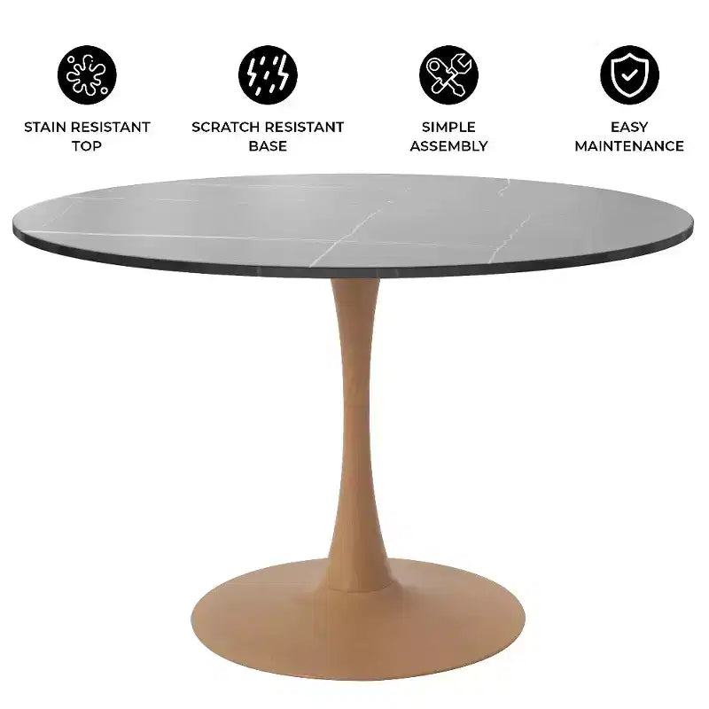Mesa de comedor redonda LeisureMod Bristol 40 con tablero de piedra sinterizada y base de pedestal de acero y madera natural para cocina y comedor modernos