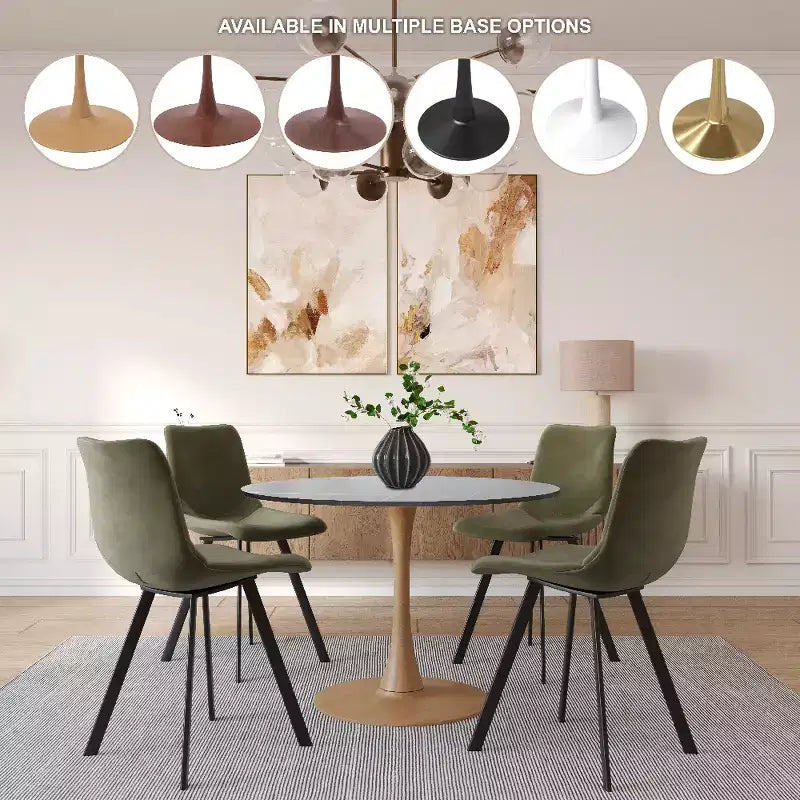 Mesa de comedor redonda LeisureMod Bristol 40 con tablero de piedra sinterizada y base de pedestal de acero y madera natural para cocina y comedor modernos