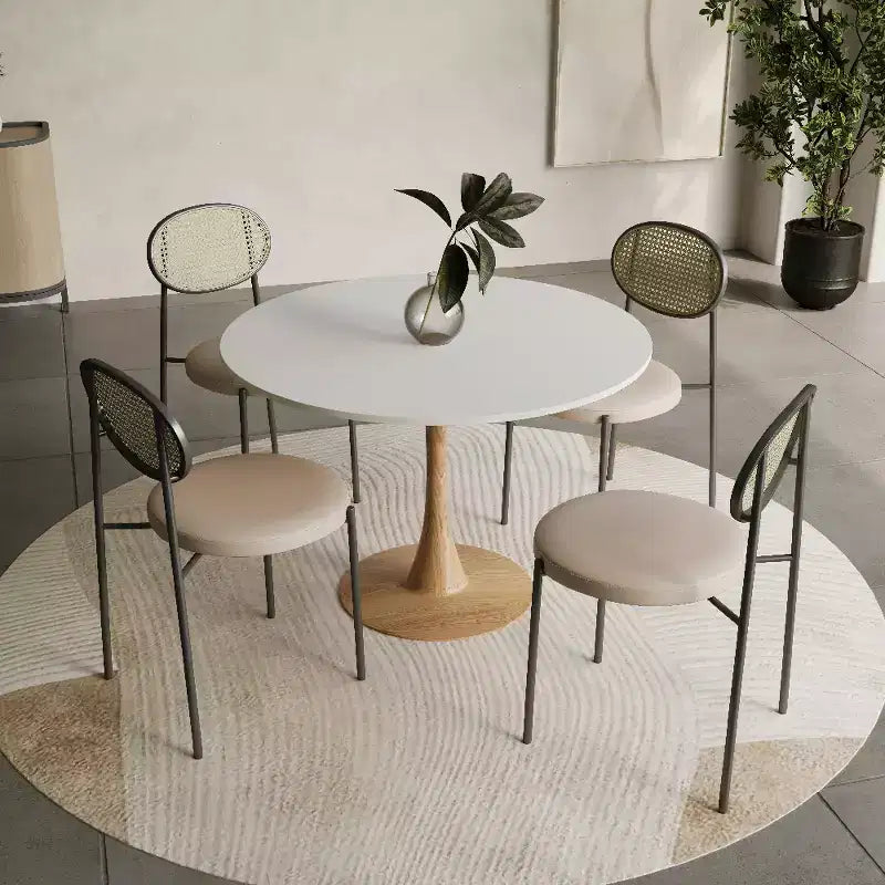 Mesa de comedor redonda LeisureMod Bristol 40 con tablero de piedra sinterizada y base de pedestal de acero y madera natural para cocina y comedor modernos