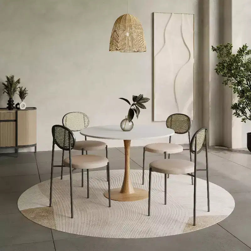 Mesa de comedor redonda LeisureMod Bristol 40 con tablero de piedra sinterizada y base de pedestal de acero y madera natural para cocina y comedor modernos