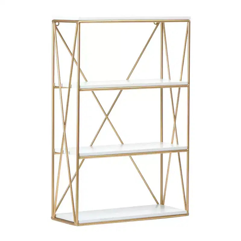 Estante de pared rectangular de madera y oro