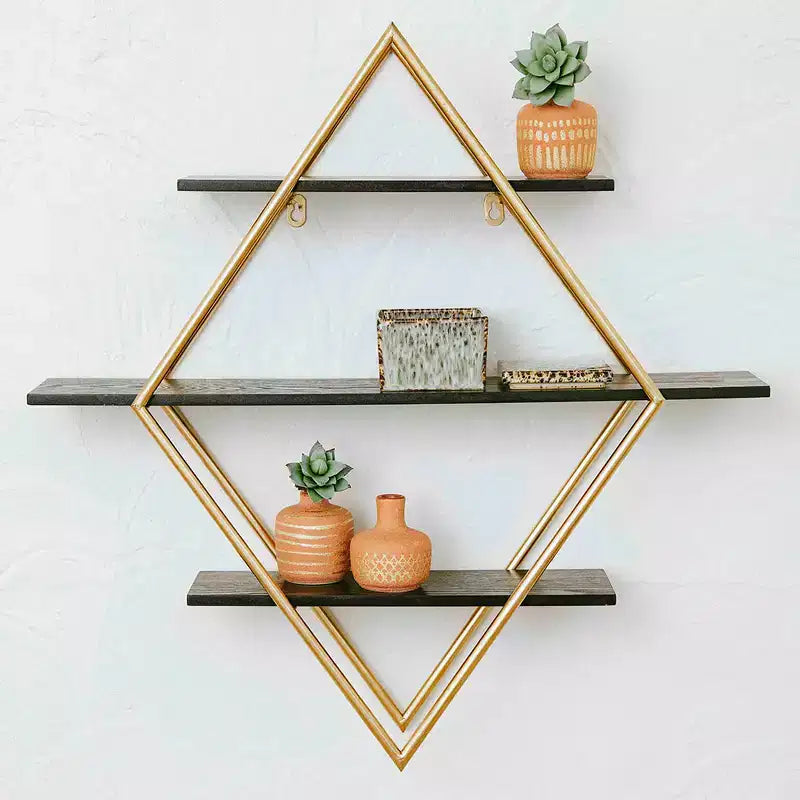Estante de pared rectangular de madera y oro