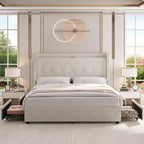 GustoWave Upholstered Bed Frame, with Charging Station & Wingback, 4 Storage Drawers