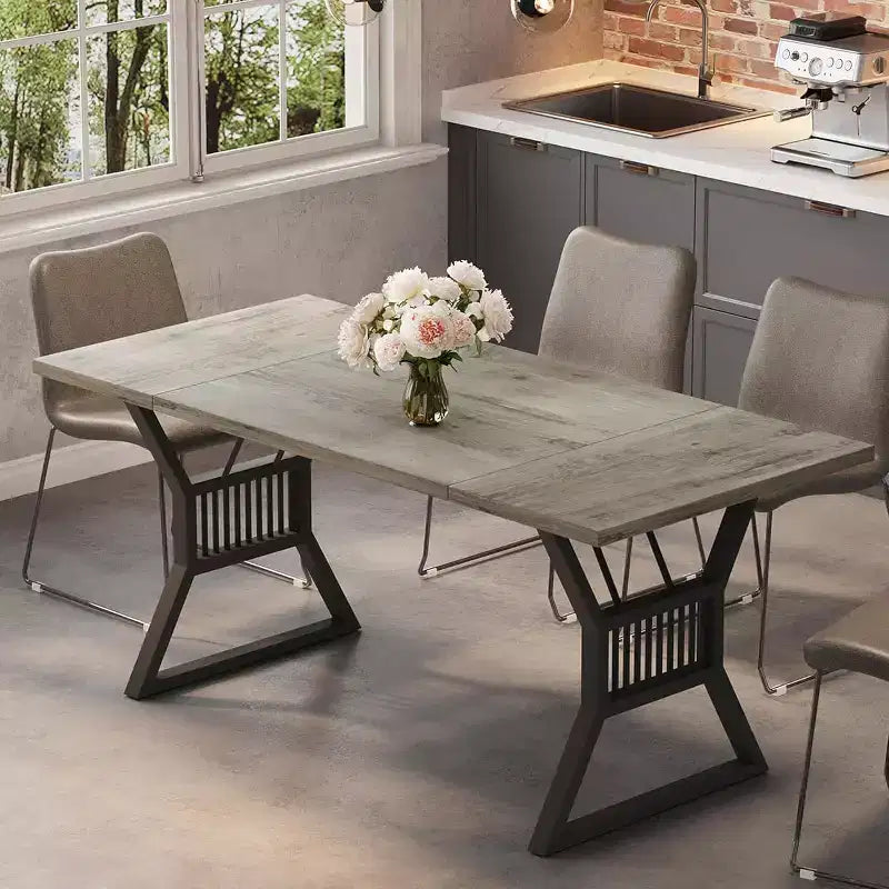 70.9 Gray Industrial Dining Table for 6-8, Rectangular Wooden Kitchen Table with Sturdy Black Metal Legs, Waterproof Surface, Modern Trestle Base