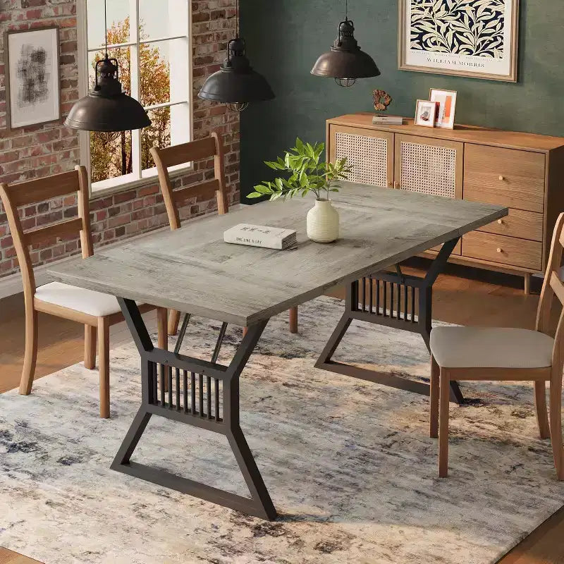Mesa de comedor industrial gris de 70.9 pulgadas para 6-8 personas, mesa de cocina rectangular de madera con patas resistentes de metal negro, superficie impermeable, base de caballete moderna
