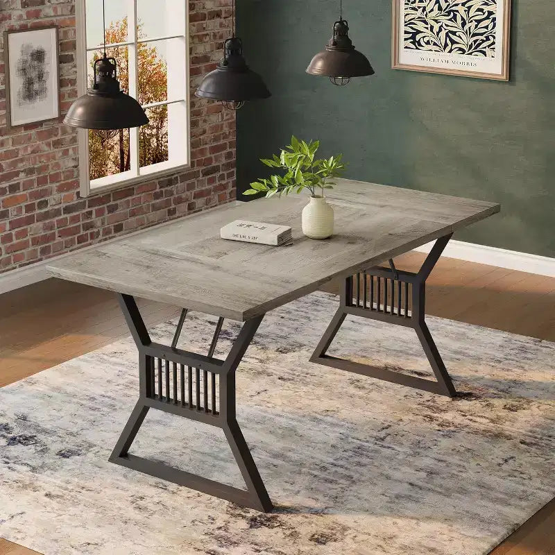 Mesa de comedor industrial gris de 70.9 pulgadas para 6-8 personas, mesa de cocina rectangular de madera con patas resistentes de metal negro, superficie impermeable, base de caballete moderna