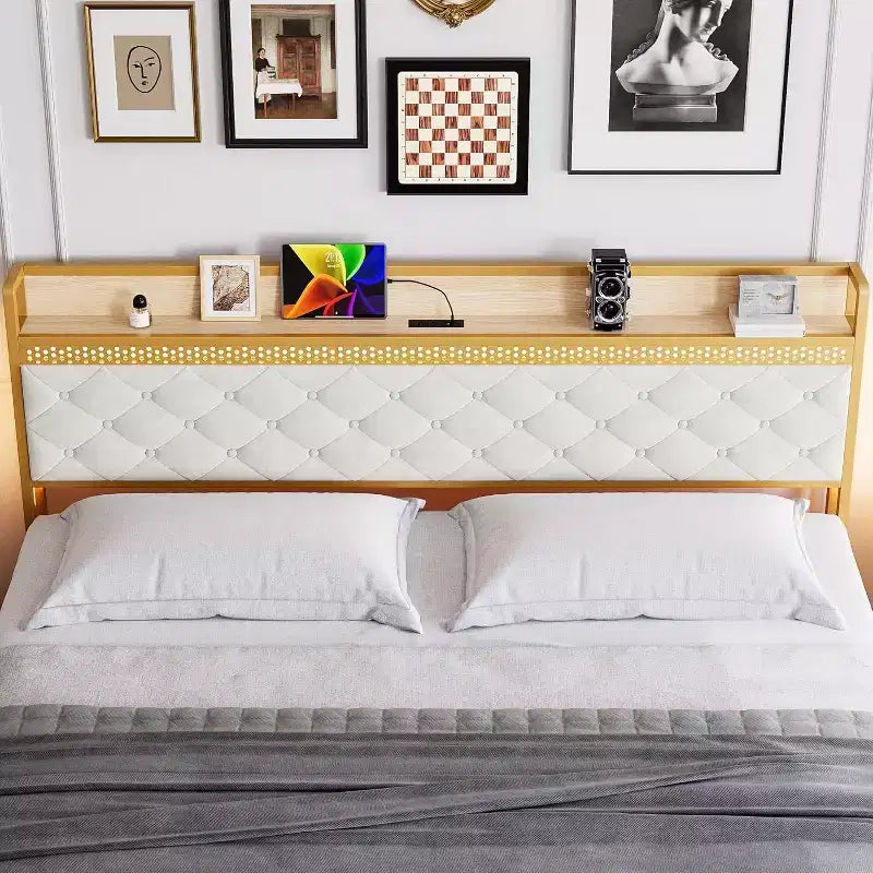 Base de cama CuisinSmart con 2 cajones de almacenaje, base de cama LED con cabecero de almacenaje de 2 niveles y estación de carga, base de cama de plataforma de metal