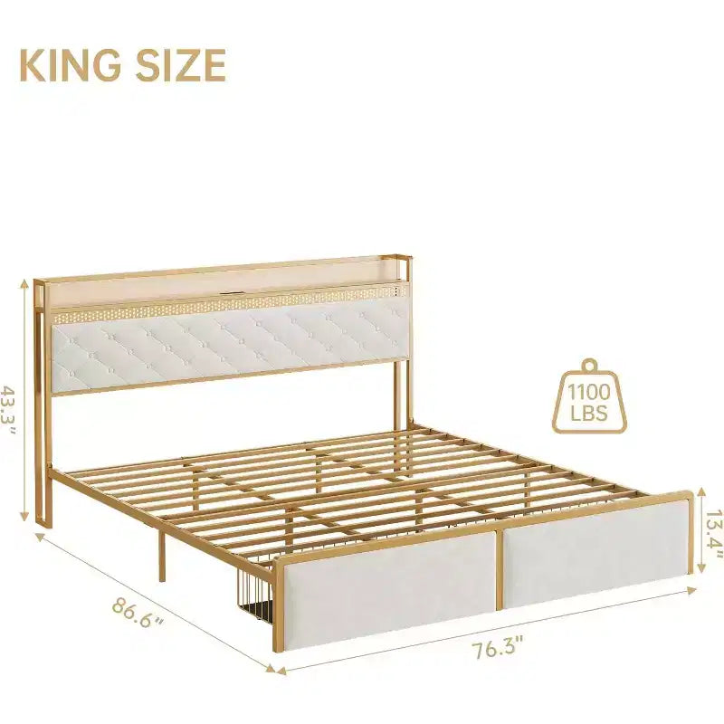 Base de cama CuisinSmart con 2 cajones de almacenaje, base de cama LED con cabecero de almacenaje de 2 niveles y estación de carga, base de cama de plataforma de metal