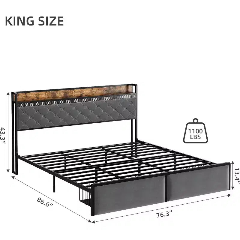 Base de cama CuisinSmart con 2 cajones de almacenaje, base de cama LED con cabecero de almacenaje de 2 niveles y estación de carga, base de cama de plataforma de metal