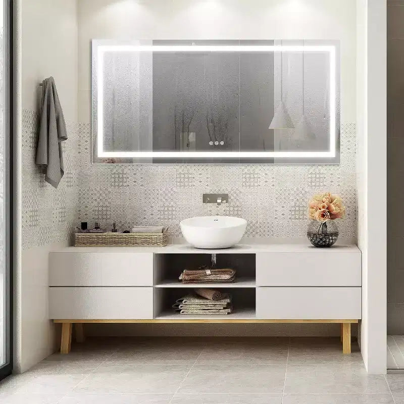 LED Bathroom Vanity Mirror, Large Anti-Fog Mirror with 3 Color Temperatures, Dimmable Smart Wall Mirror, Modern Makeup Mirror with Touch Control