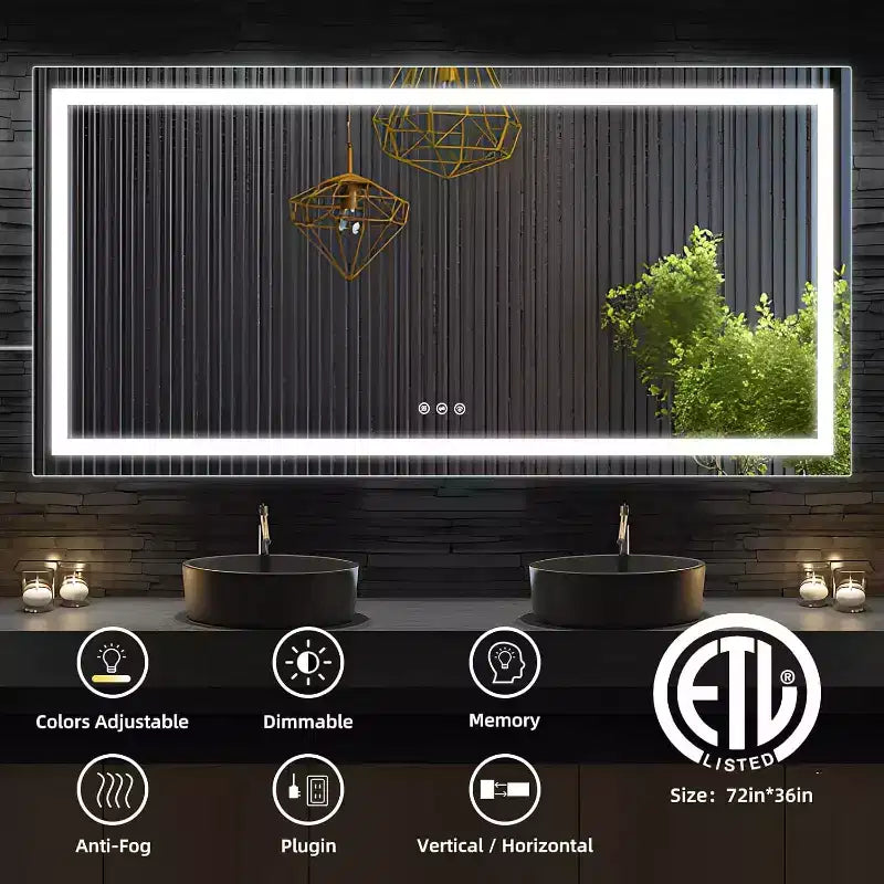 Espejo de baño LED, espejo grande antivaho con 3 temperaturas de color, espejo de pared inteligente regulable, espejo de maquillaje moderno con control táctil