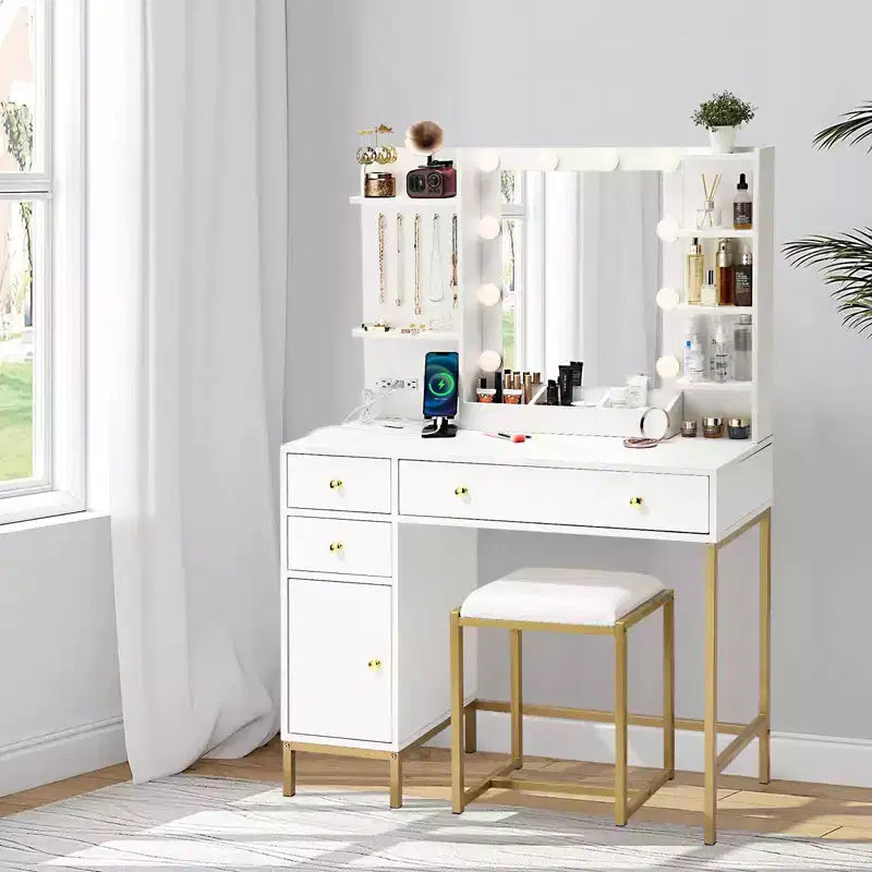 GustoWave Tocador de Maquillaje con Espejo, Mesa de Maquillaje con Silla y Estación de Carga, Tocador con Cajones y Estantes de Almacenamiento, 3 Modos de Iluminación