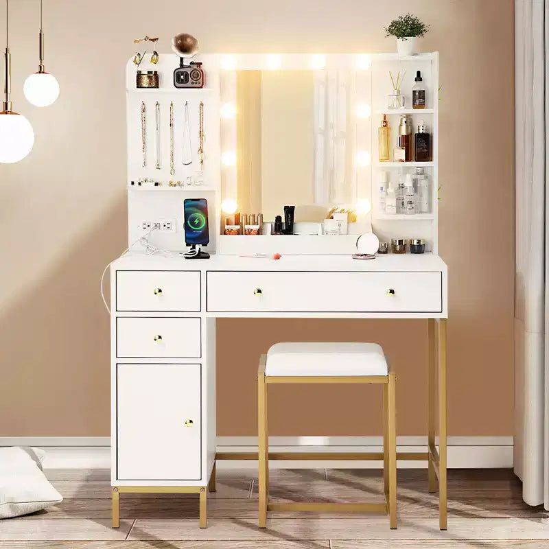 GustoWave Tocador de Maquillaje con Espejo, Mesa de Maquillaje con Silla y Estación de Carga, Tocador con Cajones y Estantes de Almacenamiento, 3 Modos de Iluminación