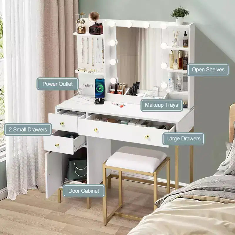 GustoWave Tocador de Maquillaje con Espejo, Mesa de Maquillaje con Silla y Estación de Carga, Tocador con Cajones y Estantes de Almacenamiento, 3 Modos de Iluminación