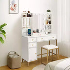 GustoWave Tocador de Maquillaje con Espejo, Mesa de Maquillaje con Silla y Estación de Carga, Tocador con Cajones y Estantes de Almacenamiento, 3 Modos de Iluminación