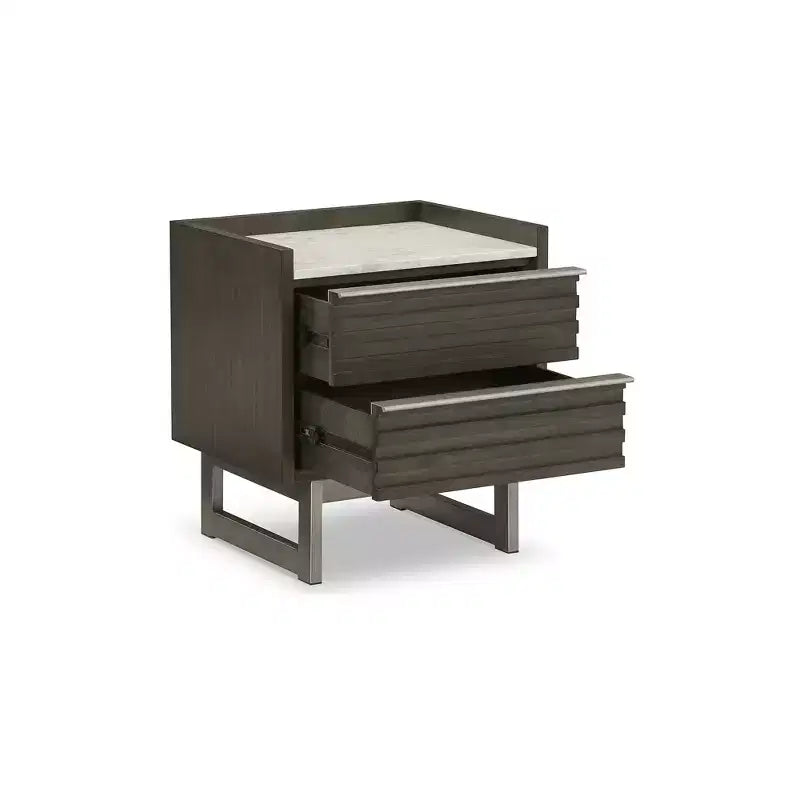 Signature Design by Ashley Arkenton Mesita de noche de 2 cajones con tapa de mármol blanco - Mesa auxiliar moderna para dormitorio, acabado en madera marrón grisáceo
