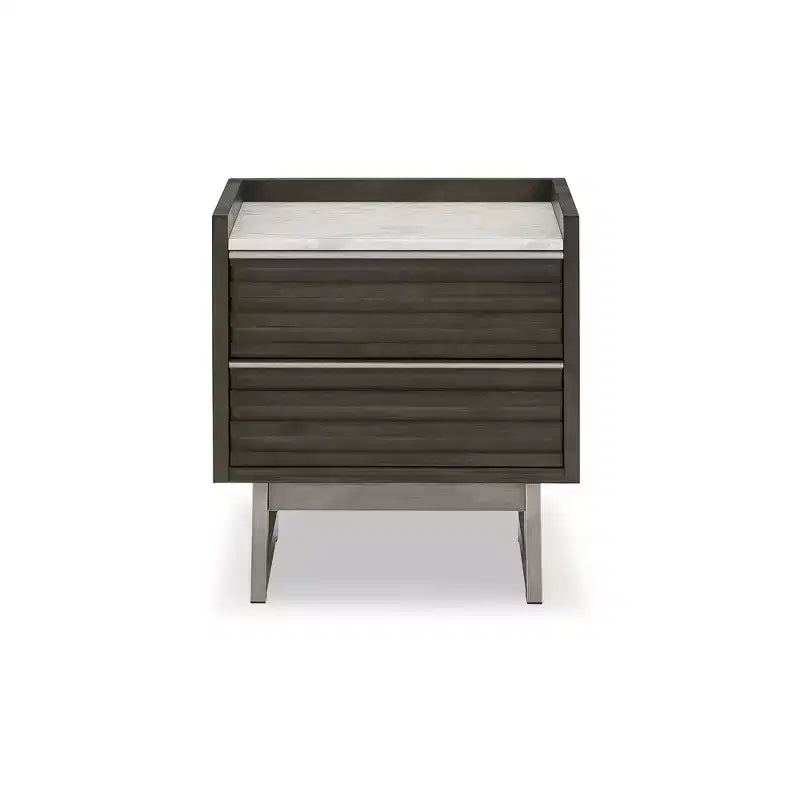 Signature Design by Ashley Arkenton Mesita de noche de 2 cajones con tapa de mármol blanco - Mesa auxiliar moderna para dormitorio, acabado en madera marrón grisáceo