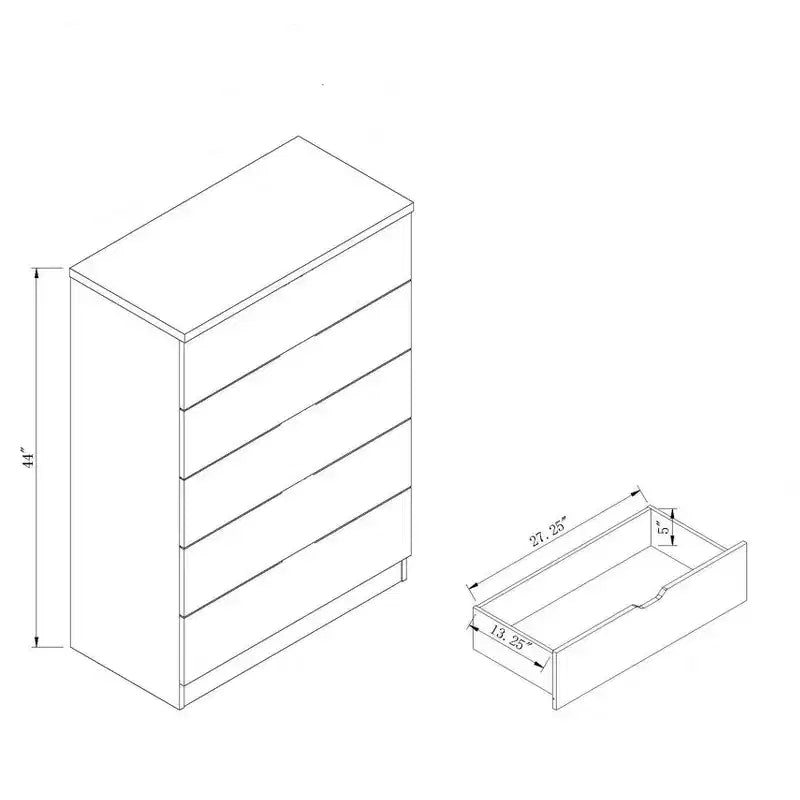 Cómoda moderna Okak Sleek de 5 cajones con rieles metálicos silenciosos y cerradura superior de metal para ropa